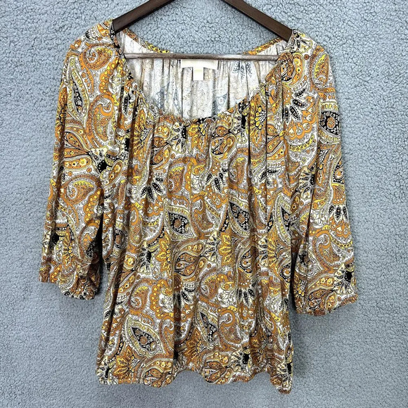 Michael Kors top womens 2X marigold yellow paisley 3/4 sleeve boho hippie flowy‎ - Picture 1 of 7